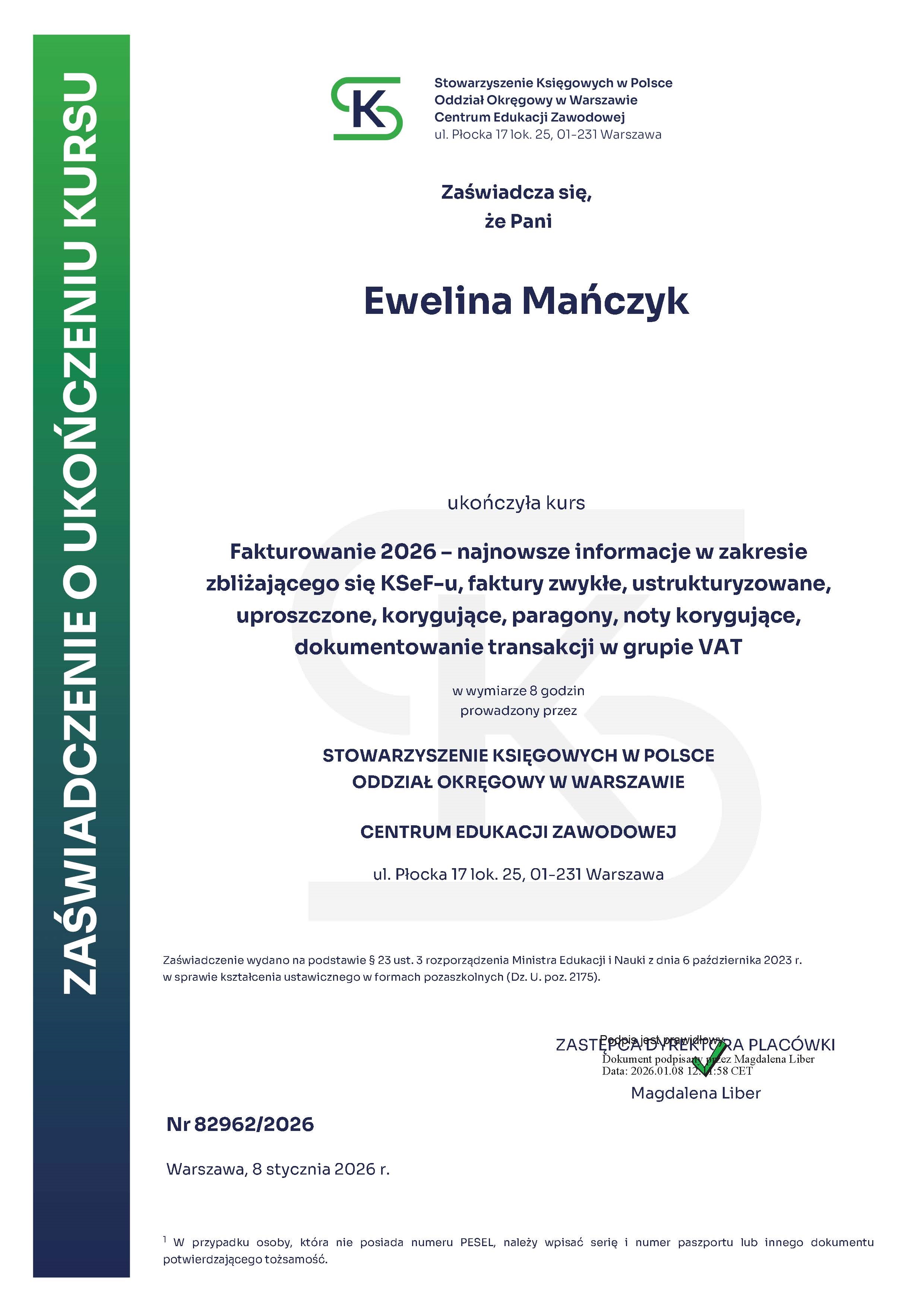 Certyfikat KSeF 2.0 - Ewelina Mańczyk