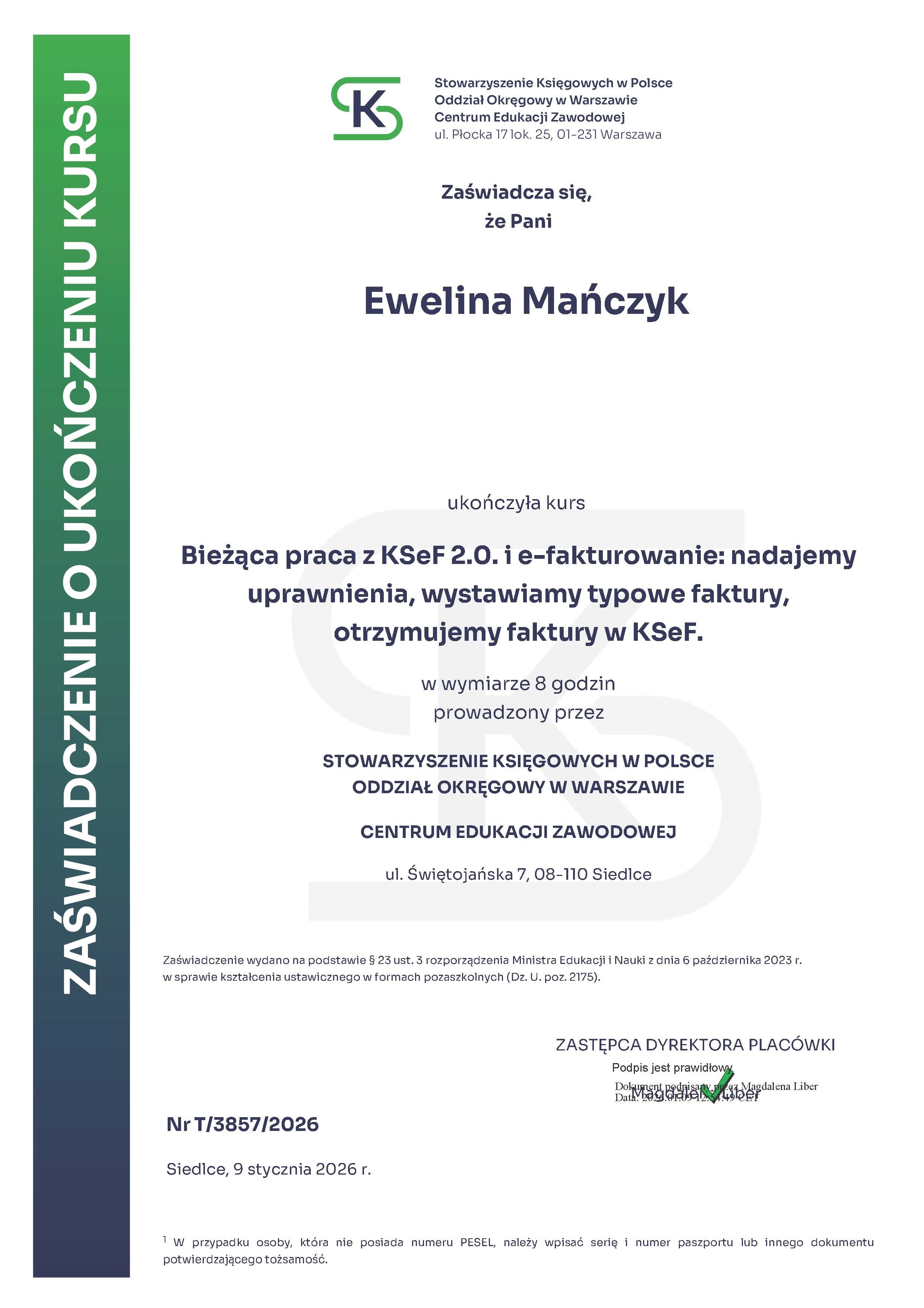 Certyfikat Fakturowanie 2026 - Ewelina Mańczyk