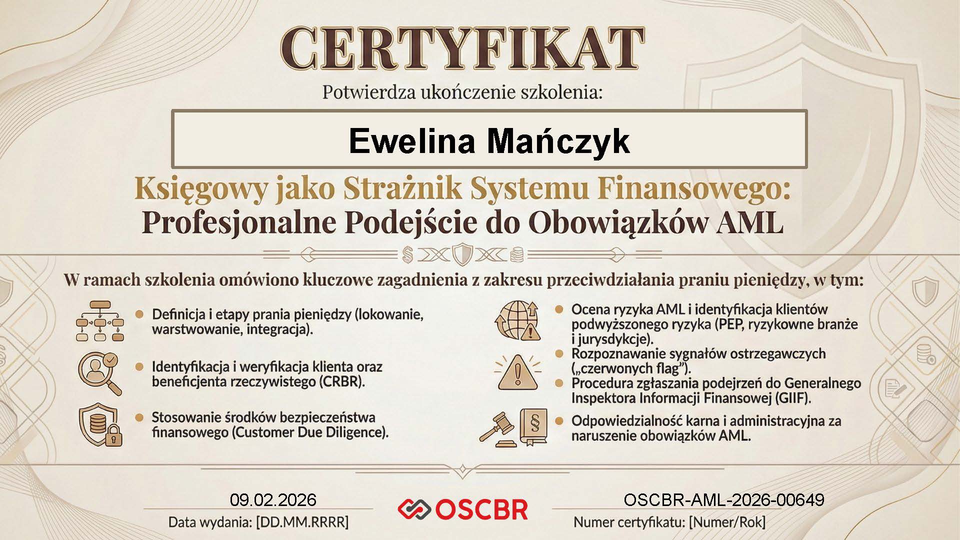 Certyfikat AML - Ewelina Mańczyk